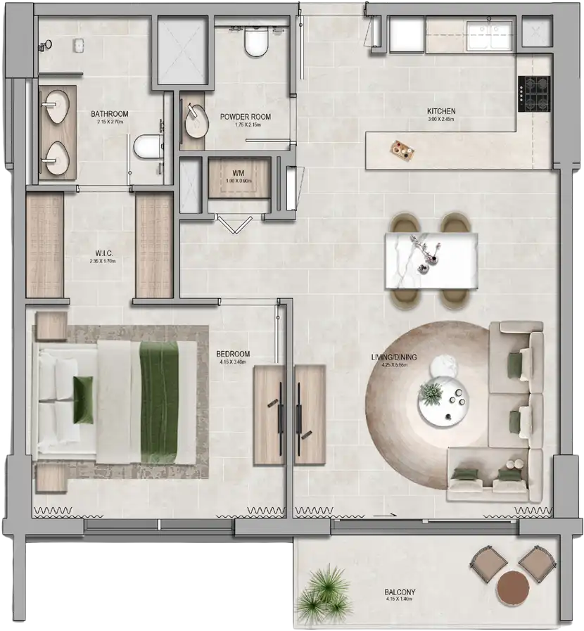 1 Bedroom Apartment Floor Plan at The Row Saadiyat by Aldar in Abu Dhabi - Presented by ELIVA Real Estate