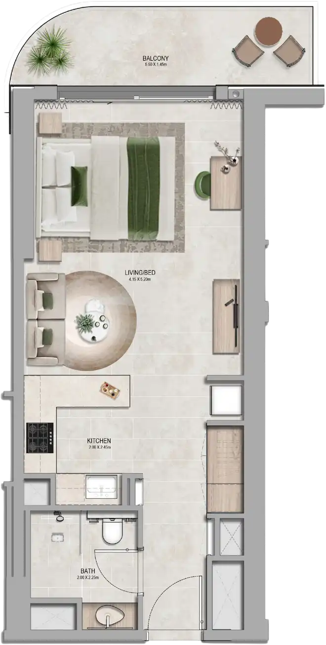 Studio Apartment Floor Plan at The Row Saadiyat by Aldar in Abu Dhabi - Presented by ELIVA Real Estate