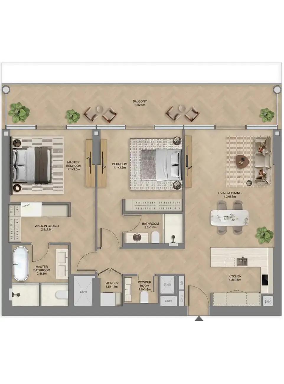 2 Bedroom Apartment Floor Plan at The Row Saadiyat by Aldar in Abu Dhabi - Presented by ELIVA Real Estate
