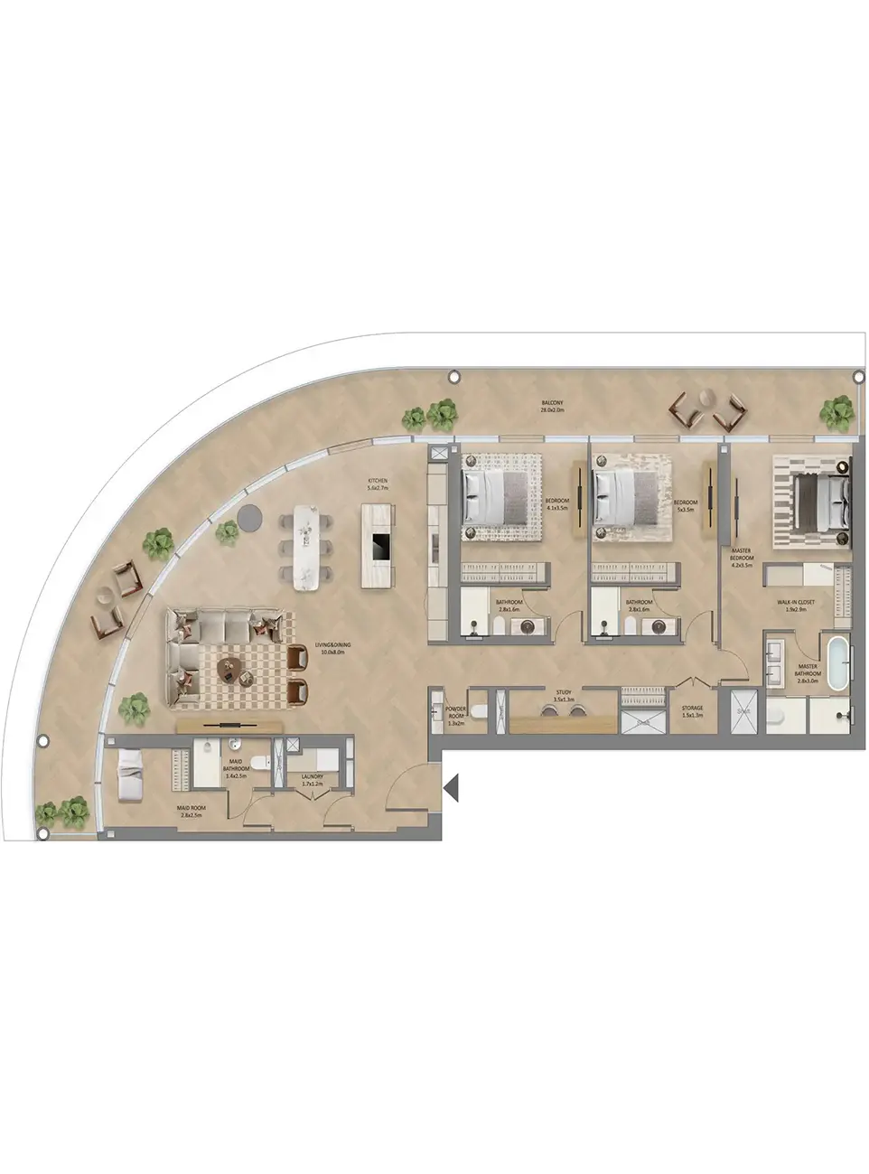 3 Bedroom Apartment Floor Plan at The Row Saadiyat by Aldar in Abu Dhabi - Presented by ELIVA Real Estate